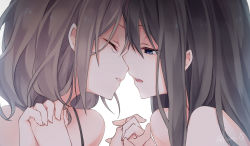 Rule 34 | 2girls, bare shoulders, blue eyes, brown hair, close-up, closed eyes, holding hands, imminent kiss, kuroi (liar-player), long hair, looking at another, multiple girls, open mouth, original, signature, tears, white background, yuri