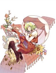 Rule 34 | 1girl, ascot, black footwear, blanket, book, boots, closed mouth, commentary request, cup, flower, full body, green hair, head wreath, highres, holding, holding umbrella, juliet sleeves, kazami yuuka, knee boots, long sleeves, looking at viewer, lying, medium hair, on side, parasol, petticoat, plaid, plaid skirt, plaid vest, puffy sleeves, red eyes, red skirt, red vest, saucer, skirt, solo, sunflower, teacup, touhou, umbrella, vest, wavy hair, white background, yayin (yayin233), yellow ascot