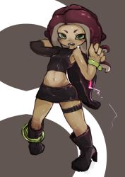 Rule 34 | 1girl, agent 8 (splatoon), armpits, asymmetrical sleeves, boots, breasts, commentary request, full body, green eyes, hands up, high heel boots, high heels, highres, looking at viewer, md5 mismatch, midriff, navel, nintendo, octoling, octoling girl, octoling player character, open mouth, red hair, resolution mismatch, revision, small breasts, solo, source larger, splatoon (series), splatoon 2, squidbeak splatoon, standing, tentacle hair, uneven sleeves, wristband, yeti (mu kaiten)
