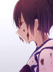 Rule 34 | 10s, 1girl, blood, blood on face, brown hair, crying, crying with eyes open, harusawa, japanese clothes, kaga (kancolle), kantai collection, muneate, profile, side ponytail, simple background, solo, tasuki, tears, upper body, white background