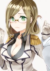 Rule 34 | 10s, 1boy, 1girl, admiral (kancolle), blonde hair, breasts, cleavage, collarbone, collared shirt, epaulettes, folded ponytail, frown, glasses, gloves, green eyes, grey shirt, hands up, holding own arm, kantai collection, katori (kancolle), large breasts, long sleeves, out of frame, semi-rimless eyewear, shirt, simple background, solo focus, unbuttoned, unbuttoned shirt, upper body, white background, white gloves, yuna (yukiyuna)