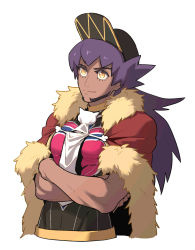 Rule 34 | 1boy, baseball cap, between pectorals, bright pupils, cape, champion uniform, closed mouth, commentary request, creatures (company), crossed arms, dark-skinned male, dark skin, facial hair, fur-trimmed cape, fur trim, game freak, hat, highres, korean commentary, leon (pokemon), long hair, male focus, nintendo, pectorals, pokemon, pokemon swsh, purple hair, red cape, redlhzz, shirt, smile, split mouth, upper body, white pupils, yellow eyes