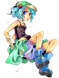 Rule 34 | 1girl, bloomers, blue eyes, blue hair, blush, boots, clothes pull, dress pull, gloves, hair bobbles, hair ornament, hat, kawashiro nitori, matching hair/eyes, nmknf (mkn), oekaki, open mouth, short hair, solo, tank top, touhou, twintails, two side up, underwear, wet