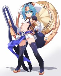 Rule 34 | 1girl, :&lt;, armor, black footwear, black thighhighs, blue hair, boots, breasts, closed mouth, commentary request, full body, gradient background, green eyes, grey background, hair between eyes, hand on own hip, hat, headpiece, hellmatio, highres, holding, holding weapon, karukan (monjya), long sleeves, navel, pauldrons, pleated skirt, pointy ears, puffy long sleeves, puffy sleeves, revealing clothes, shadow, shinrabanshou, shoulder armor, skirt, skull, small breasts, solo, standing, thick eyebrows, thigh boots, thighhighs, v-shaped eyebrows, weapon, white background, white hat, white skirt