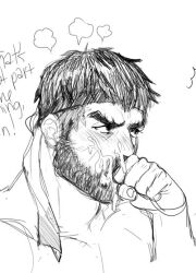 Rule 34 | 1boy, after fellatio, bara, beard stubble, blush, covering own mouth, cum, cum in mouth, facial, facial hair, forked eyebrows, greyscale, head steam, headband, large pectorals, looking ahead, male focus, mature male, mewniverse, monochrome, muscular, muscular male, mustache stubble, nude, pectorals, ryu (street fighter), short hair, shy, sketch, solo, street fighter, street fighter 6, stubble, thick eyebrows, upper body, v-shaped eyebrows