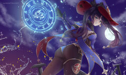 Rule 34 | 1girl, ass, back, black gloves, black hair, blue cape, blue hat, blue leotard, bodystocking, breasts, brown pantyhose, cape, detached sleeves, earrings, elbow gloves, full moon, fur collar, genshin impact, gloves, gold trim, green eyes, hat, hat ornament, highleg, highleg leotard, highres, jewelry, leotard, long hair, looking at viewer, looking back, magic circle, medium breasts, mona (genshin impact), moon, night, night sky, pantyhose, ryuuneart, sky, solo, star (symbol), star earrings, thighlet, thighs, twintails, water, witch hat