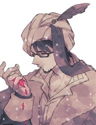 Rule 34 | 1boy, closed mouth, dress shirt, facial hair, fate (series), fur-trimmed jacket, fur trim, glasses, hat feather, holding, holding petal, jacket, looking at hand, looking down, male focus, masaki (star8moon), mehmed ii (fate), monochrome, petals, shirt, short hair, simple background, sleeve cuffs, solo, spot color, stubble, swept bangs, turban, upper body, white background