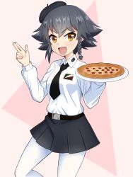 Rule 34 | 1girl, :d, anzio school uniform, belt, beret, black belt, black hair, black hat, black necktie, black skirt, braid, brown eyes, commentary, cowboy shot, dress shirt, emblem, food, girls und panzer, hair tie, hat, highres, holding, holding food, holding tray, long sleeves, looking at viewer, miniskirt, name connection, necktie, open mouth, pantyhose, pepperoni, pepperoni (girls und panzer), pizza, pleated skirt, ruka (piyopiyopu), salute, school uniform, shirt, short hair, side braid, skirt, smile, solo, standing, tray, two-finger salute, v-shaped eyebrows, white pantyhose, white shirt