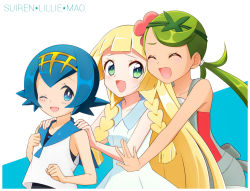 Rule 34 | 3girls, :d, ;d, blonde hair, blue eyes, blue hair, blue sailor collar, braid, breasts, character name, closed eyes, creatures (company), dark-skinned female, dark skin, dress, flower, game freak, green eyes, green hair, hair flower, hair ornament, hairband, kouzuki (reshika213), lana (pokemon), lillie (pokemon), long hair, looking at viewer, mallow (pokemon), multiple girls, nintendo, one eye closed, open mouth, pokemon, pokemon sm, sailor collar, short hair, small breasts, smile, swimsuit, swimsuit under clothes, trial captain, twintails, white dress