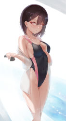 Rule 34 | 1girl, absurdres, backlighting, black one-piece swimsuit, blush, breasts, brown hair, can zhu, clenched hands, collarbone, commentary request, competition swimsuit, covered navel, dripping, glint, groin, hair between eyes, hair ornament, hairclip, hand on own chest, hands up, highleg, highleg swimsuit, highres, holding, legs together, looking at viewer, mole, mole on thigh, off shoulder, one-piece swimsuit, open clothes, open shirt, original, parted lips, pool, poolside, revision, shirt, short hair, sideboob, small breasts, solo, sparkle, standing, swim cap, unworn swim cap, swimsuit, swimsuit under clothes, wet, wet clothes, wet shirt, wet swimsuit, white shirt