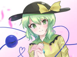 Rule 34 | 1girl, black hat, blouse, blurry, blurry foreground, bow, breasts, closed mouth, collared shirt, eyeball, frilled shirt collar, frills, gradient background, green eyes, green hair, hair between eyes, hat, hat bow, highres, interlocked fingers, komeiji koishi, large hat, long sleeves, looking at viewer, medium hair, one-hour drawing challenge, own hands together, petarikooo, pink background, shirt, simple background, small breasts, smile, solo, third eye, touhou, upper body, yellow bow, yellow shirt