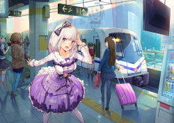 Rule 34 | 6+girls, :o, black skirt, blue eyes, blue legwear, blush, boots, bow, brown footwear, brown jacket, dress, frills, hair bow, hands in pockets, highres, jacket, leaning forward, lolita fashion, long hair, long sleeves, looking at viewer, luggage, multiple girls, oop, open mouth, pantyhose, personification, print dress, purple dress, purple legwear, rolling suitcase, salute, scarf, school uniform, shadow, shoes, silver hair, skirt, smile, solo focus, standing, striped clothes, striped legwear, striped pantyhose, suitcase, sweet lolita, tactile paving, thighhighs, train, train station, twintails, vending machine, vertical-striped legwear