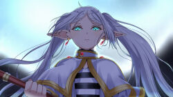 Rule 34 | 1girl, aqua eyes, blush, capelet, closed mouth, commentary, dress, earrings, elf, facing viewer, frieren, glowing, glowing eyes, green eyes, highres, holding, holding staff, jewelry, long hair, mage staff, moon, night, night sky, pointy ears, sky, solo, sousou no frieren, staff, suzuka (suzukawu), thick eyebrows, twintails, upper body, white capelet, white dress, white hair