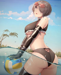 Rule 34 | 1girl, :d, absurdres, ass, back, bad id, bad pixiv id, ball, beach, bikini, black bikini, black gloves, black thighhighs, blue sky, breasts, brown hair, cloud, day, elbow gloves, eyewear on head, frilled bikini, frills, gloves, hair over eyes, highres, honkai (series), honkai impact 3rd, looking at viewer, medium breasts, mole, mole under eye, open mouth, outdoors, palm tree, partially submerged, red eyes, rita rossweisse, senjouhara nira, short hair, sky, smile, solo, sunglasses, swimsuit, teeth, thighhighs, thighs, tree, underboob, upper teeth only, volleyball, volleyball (object)