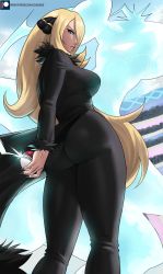Rule 34 | 1girl, absurdres, ass, black coat, black pants, blonde hair, breasts, coat, creatures (company), cynthia (pokemon), echo saber, fur-trimmed coat, fur collar, fur trim, game freak, garchomp, gen 4 pokemon, hair over one eye, highres, holding, holding poke ball, huge ass, large breasts, legs, lips, long hair, nintendo, pants, poke ball, pokemon, pokemon dppt, sideboob, solo, thick thighs, thighs, tight clothes, tight pants, very long hair, wavy hair