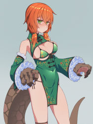 Rule 34 | 1girl, aguila, alternate costume, animal hands, bikini, blush, breasts, china dress, chinese clothes, cleavage, closed mouth, detached sleeves, dress, frilled sleeves, frills, gloves, green bikini, green dress, green eyes, grey background, hair between eyes, hexagon, highres, himokawa udon, looking at viewer, low twintails, medium breasts, orange hair, paw gloves, pelvic curtain, side-tie bikini bottom, simple background, solo, swimsuit, tail, twintails, ultra kaijuu gijinka keikaku, ultra series
