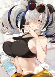 Rule 34 | 1girl, aaoshigatoutoi, absurdres, arknights, bottle, breasts, brown eyes, eyewear on head, feater (arknights), feater (dojo star) (arknights), grey hair, highres, large breasts, midriff, multicolored hair, navel, official alternate costume, solo, sports bra, streaked hair, sunglasses, sweat, twintails, water bottle