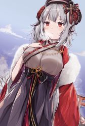 Rule 34 | 1girl, absurdres, azur lane, bare tree, beret, breath, commentary, cross, day, english commentary, fur-trimmed kimono, fur trim, grey hair, hakama, hakama skirt, hand on own chest, hat, highres, horns, iron cross, japanese clothes, kimono, long hair, looking at viewer, nuernberg (azur lane), nuernberg (spring wanderer) (azur lane), nurnberg (azur lane), nurnberg (spring wanderer) (azur lane), outdoors, red eyes, sidelocks, skirt, solo, standing, sunlight, tanxkaa, torii, tree, very long hair, winter