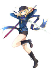 Rule 34 | 1girl, absurdres, ahoge, arms up, artoria pendragon (fate), baseball cap, black footwear, black hat, black shorts, blonde hair, blue eyes, blue jacket, blue scarf, boots, closed mouth, cross-laced footwear, dual wielding, fate/grand order, fate (series), full body, hair between eyes, hat, highres, himitsucalibur (fate), holding, jacket, knee boots, lace-up boots, leg up, long hair, long sleeves, looking at viewer, mysterious heroine x (fate), ponytail, scarf, serious, shorts, sidelocks, simple background, solo, standing, standing on one leg, taro (ultrataro), track jacket, white background