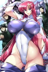 Rule 34 | 1girl, 3boys, absurdres, blue eyes, breasts, cameltoe, clenched hand, covered erect nipples, faceless, faceless male, gloves, green jacket, gundam, gundam seed, gundam seed destiny, haganef, hair behind ear, hair ornament, highres, jacket, large breasts, lens flare, leotard, long hair, looking at viewer, mecha, meer campbell, military, military uniform, mobile suit, multiple boys, one-eyed, open mouth, pink hair, purple leotard, robot, science fiction, smile, star (symbol), star hair ornament, thighs, two-tone leotard, uniform, very long hair, white gloves, white leotard, zaku warrior