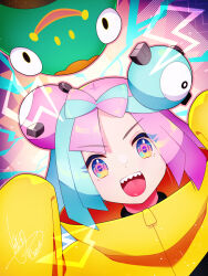 Rule 34 | 1girl, :d, bellibolt, bow-shaped hair, character hair ornament, commentary request, creatures (company), game freak, hair ornament, happy, highres, iono (pokemon), jacket, lightning bolt symbol, looking at viewer, multicolored hair, nintendo, open mouth, pink eyes, pink hair, pokemon, pokemon (creature), pokemon sv, rotational symmetry, shizuki airu, smile, teeth, two-tone hair, upper teeth only, yellow jacket