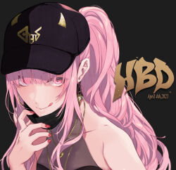 Rule 34 | 1girl, :q, bare shoulders, baseball cap, gold necklace, happy birthday, hat, highres, hololive, hololive english, jewelry, long hair, looking at viewer, mask, mask pull, mori calliope, mouth mask, necklace, pink eyes, pink hair, pochi (pochi-goya), ponytail, red nails, solo, tongue, tongue out, virtual youtuber