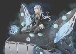 Rule 34 | 1girl, abyssal ship, boots, breasts, choker, commentary request, detached sleeves, elbow gloves, gloves, highres, long hair, lost abyssal transport ship (warship girls r), pifu, seiza, short eyebrows, sitting, sitting on object, small breasts, smile, solo, thigh boots, thigh strap, thighhighs, twintails, warship girls r, colored eyelashes, white hair, yellow eyes
