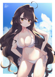 Rule 34 | 1girl, ahoge, bare arms, bare shoulders, bikini, black hair, blush stickers, breasts, brown eyes, cleavage, closed mouth, collarbone, contrapposto, day, gluteal fold, groin, hair between eyes, hair intakes, halterneck, hands on own hips, long hair, medium breasts, natsuki-chan (natsuki teru), natsuki teru, navel, original, side-tie bikini bottom, signature, solo, standing, string bikini, swimsuit, very long hair, white bikini