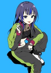 Rule 34 | 1girl, :p, arm on knee, black jacket, black pants, black shirt, blue background, blue hair, chain, chain necklace, closed mouth, covered collarbone, crop top, cross, dot nose, ear piercing, earclip, finger heart, flat color, foot out of frame, green jacket, green pants, hair intakes, hand tattoo, hand up, highres, idoly pride, jacket, jewelry, knee up, long bangs, long hair, looking at viewer, multicolored hair, multiple rings, nagase kotono, navel, necklace, pale skin, pants, piercing, plum (arch), punk, purple hair, ring, shirt, sidelocks, simple background, sitting, smile, solo, stomach, stomach tattoo, straight hair, streaked hair, striped clothes, striped jacket, striped pants, tattoo, tongue, tongue out, tongue piercing, track jacket, track pants, two-tone hair