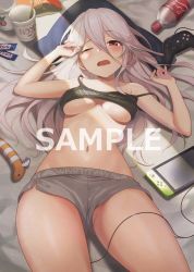 Rule 34 | 1girl, azuki yui, bare shoulders, blush, breasts, breasts apart, clothes lift, collarbone, controller, cup, game controller, grey male underwear, hair between eyes, hands up, long hair, looking at viewer, lying, male underwear, medium breasts, messy hair, nintendo switch, nissin cup noodle, on back, original, red eyes, shirt lift, sidelocks, solo, stomach, tank top, thighs, underwear, waking up, white hair