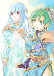 Rule 34 | 2girls, :d, black gloves, blue hair, closed mouth, dress, earrings, eye contact, female focus, fingerless gloves, fire emblem, fire emblem: the blazing blade, fire emblem heroes, gloves, green eyes, green hair, hair ornament, happy, highres, hukashin, jewelry, long hair, looking at another, looking to the side, lyn (fire emblem), multiple girls, ninian, nintendo, open mouth, ponytail, red eyes, short sleeves, side-by-side, smile