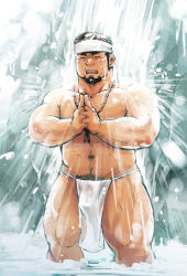 Rule 34 | 1boy, bara, bead necklace, beads, belly, black hair, bulge, facial hair, feet out of frame, goatee, headband, index finger raised, jewelry, loincloth, male focus, male underwear, muscular, muscular male, navel, navel hair, necklace, nipples, original, own hands together, pectorals, pelvic curtain, short hair, sideburns, solo, stomach, suv (suv032), thick thighs, thighs, underwear, underwear only, water, waterfall, wet, wet clothes, wet male underwear, white male underwear