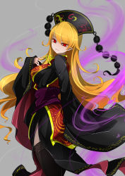 Rule 34 | 1girl, :d, absurdres, black thighhighs, blonde hair, breasts, chinese clothes, crescent, from behind, grey background, hat, highres, junko (touhou), long hair, long sleeves, looking at viewer, looking back, medium breasts, open mouth, pale skin, pointy ears, pom pom (clothes), raptor7, red eyes, red hat, sash, side slit, simple background, smile, solo, standing, tabard, thighhighs, touhou, very long hair, wide sleeves