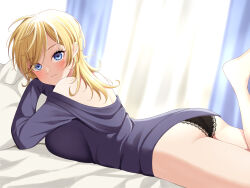 Rule 34 | 1girl, ass, barefoot, bed sheet, black panties, black shirt, blonde hair, blue eyes, blush, breasts, closed mouth, highres, kantai collection, large breasts, light smile, long hair, looking at viewer, lying, on stomach, panties, pillow, shirt, sleeves past fingers, sleeves past wrists, solo, tuscaloosa (kancolle), underwear, yomogi dango