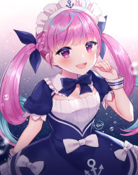Rule 34 | 1girl, :d, anchor symbol, arm at side, black bow, black bowtie, black dress, blue hair, blush, bow, bowtie, braid, breasts, bubble, cleavage, colored inner hair, commentary request, dress, gradient background, hand up, hololive, long hair, looking at viewer, maid, maid headdress, medium breasts, minato aqua, minato aqua (1st costume), multicolored hair, naomi (fantasia), open mouth, pink hair, puffy short sleeves, puffy sleeves, purple eyes, short sleeves, sidelocks, signature, smile, solo, streaked hair, teeth, twintails, two-tone hair, upper body, upper teeth only, virtual youtuber, wrist cuffs