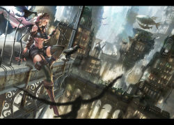 Rule 34 | 1girl, aircraft, bird, blonde hair, boots, breasts, brown footwear, cape, cityscape, denki, dirigible, fingerless gloves, gloves, goggles, goggles on head, knee boots, large breasts, letterboxed, midriff, navel, original, scenery, short hair, shorts, sitting, smile, steampunk, thighhighs, underboob, yellow eyes