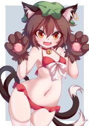 Rule 34 | 1girl, :3, :d, absurdres, animal ear fluff, animal ears, animal hands, bell, bikini, breasts, brown eyes, brown hair, cat ears, chen, cowboy shot, dior-zi, earrings, fang, gloves, highres, jewelry, jingle bell, looking at viewer, navel, neck bell, open mouth, paw gloves, red bikini, small breasts, smile, solo, swimsuit, thighhighs, touhou