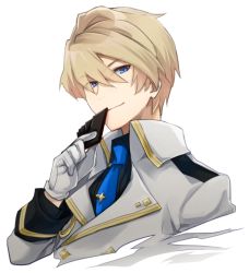 Rule 34 | 1boy, blonde hair, blue eyes, blue necktie, closed mouth, commentary, eyes visible through hair, gloves, hair between eyes, holding, holostars, jacket, kishido temma, long sleeves, looking at viewer, male focus, mudo (saji), necktie, short hair, smile, solo, symbol-only commentary, transparent background, upper body, virtual youtuber, white gloves, white jacket