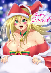 Rule 34 | 1girl, absurdres, adapted costume, bell, blonde hair, blush, blush stickers, breasts, christmas, cleavage, dark magician girl, duel monster, green eyes, hair between eyes, highres, large breasts, long hair, merry christmas, muto dt, neck bell, open mouth, shadow, smile, solo, yu-gi-oh!, yu-gi-oh! duel monsters