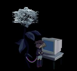 Rule 34 | 1girl, black background, black sweater, black thighhighs, brown hair, chestnut mouth, chibi, commentary request, computer, crt, desk, flower, gameplay mechanics, glitch, grey skirt, highres, holding, hrdrifter, long sleeves, looking at flowers, looking back, looking up, mary janes, open mouth, plaid, plaid vest, purple eyes, purple vest, red footwear, rose, shadow, shoes, short hair, simple background, skirt, solo, standing, sweater, thighhighs, urotsuki, vest, white flower, white rose, wire, yume 2kki, zettai ryouiki