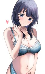 Rule 34 | 1girl, absurdres, asaka karin, blue bra, blue eyes, blue hair, blue panties, blush, bra, breasts, cleavage, closed mouth, collarbone, commentary request, heart, highres, lace, lace-trimmed bra, lace-trimmed panties, lace trim, looking at viewer, love live!, love live! nijigasaki high school idol club, medium breasts, medium hair, midriff, mole, mole on collarbone, navel, panties, sidelocks, smile, solo, sunya (honorin-yuunibo), underwear, upper body, white background