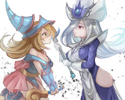 Rule 34 | 2girls, blonde hair, blue dress, blue hat, blue robe, blush stickers, breasts, cleavage, dark magician girl, dress, duel monster, floating, green eyes, grey hair, hat, highres, hip vent, holding, holding wand, large breasts, long hair, midair, multiple girls, pout, red eyes, robe, senada37, silent magician, wand, white hat, witch hat, yu-gi-oh!