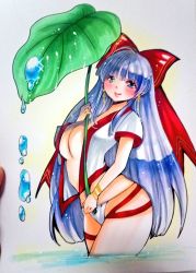 Rule 34 | 1girl, ainu clothes, alternate breast size, blue hair, blush, breasts, cleavage, hair ribbon, large breasts, legs, lipstick, long hair, looking at viewer, makeup, nakoruru, no bra, open mouth, panties, ribbon, samurai spirits, smile, snk, thick thighs, thighs, traditional media, underwear, water