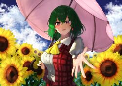 1girl ascot blue_sky blush breasts collared_shirt commentary_request day earrings field flower flower_field garden_of_the_sun green_hair hair_between_eyes highres jewelry kazami_yuuka large_breasts long_sleeves looking_at_viewer luke_(kyeftss) medium_bangs open_clothes open_mouth open_vest outdoors parasol pink_umbrella plaid_clothes plaid_skirt plaid_vest reaching reaching_towards_viewer red_eyes red_skirt red_vest shirt short_hair skirt skirt_set sky smile solo sunflower touhou umbrella upper_body vest white_shirt yellow_ascot yellow_flower