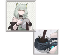 Rule 34 | 1girl, 1other, animal ear fluff, animal ears, arknights, bare shoulders, black jacket, closed mouth, cup, doctor (arknights), dress, green dress, green eyes, grey hair, hair between eyes, highres, holding, holding cup, hood, hood up, hooded jacket, jacket, kal&#039;tsit (arknights), lying, mebe (teadia violet), mug, off-shoulder jacket, off shoulder, on back, pouring, see-through, shaded face, shirt, white shirt
