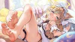 Rule 34 | 1girl, animal ears, aqua hair, barefoot, blonde hair, blue eyes, blush, bottomless, bow, braid, breasts, commentary, crescent, crescent hair ornament, dress, english commentary, feet, hair bow, hair ornament, hairclip, highres, knees, knees up, long hair, looking at viewer, multicolored hair, nyahu (nyahu 77), original, parted lips, side braid, sleeveless, sleeveless dress, small breasts, solo, star (symbol), star hair ornament, streaked hair, tail, toes, wrist cuffs, x hair ornament
