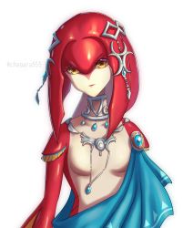 Rule 34 | 1girl, breasts, chagara, closed mouth, colored skin, fins, fish girl, highres, jewelry, looking at viewer, mipha, monster girl, multicolored skin, neck ring, nintendo, no nipples, no nose, pendant, red skin, simple background, small breasts, smile, the legend of zelda, the legend of zelda: breath of the wild, twitter username, white background, yellow eyes, zora