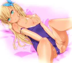 Rule 34 | 10s, 1girl, blonde hair, blush, boku wa tomodachi ga sukunai, breasts, breasts out, bug, butterfly, butterfly hair ornament, cameltoe, cleft of venus, green eyes, hair ornament, bug, kashiwazaki sena, large breasts, long hair, looking at viewer, lying, mine (peak), nipples, one-piece swimsuit, open mouth, puffy nipples, school swimsuit, solo, swimsuit, tan, wet