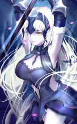 Rule 34 | absurdres, armor, armored dress, armpits, arms up, black dress, black gloves, breasts, cleavage, clothing cutout, dress, elbow gloves, fate/grand order, fate (series), fur trim, gloves, headpiece, highres, jeanne d&#039;arc (fate), jeanne d&#039;arc alter (avenger) (fate), jeanne d&#039;arc alter (avenger) (third ascension) (fate), jeanne d&#039;arc alter (fate), large breasts, long hair, looking at viewer, navel cutout, qidai, smile, solo, sword, very long hair, weapon, white hair, yellow eyes