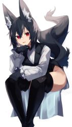 Rule 34 | 1girl, animal ear fluff, animal ears, black gloves, black hair, black vest, fang, gloves, hair between eyes, hand on own chin, highres, invisible chair, leaning forward, long sleeves, looking at viewer, open mouth, original, sasa onigiri, shirt, short hair, simple background, sitting, skin fang, solo, tail, thighhighs, thighs, vest, white background, white shirt, white thighhighs, wolf ears, wolf girl, wolf tail